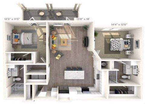 Floor plan for 2 beds, 2 baths, 1226 sqft